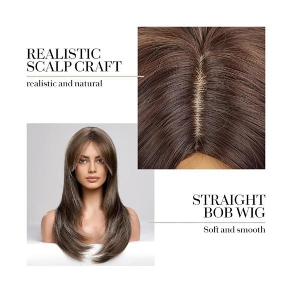 HOT BLONDE Wig with Bangs Long Straight Layered brown with blonde highlight - Picture 4 of 7